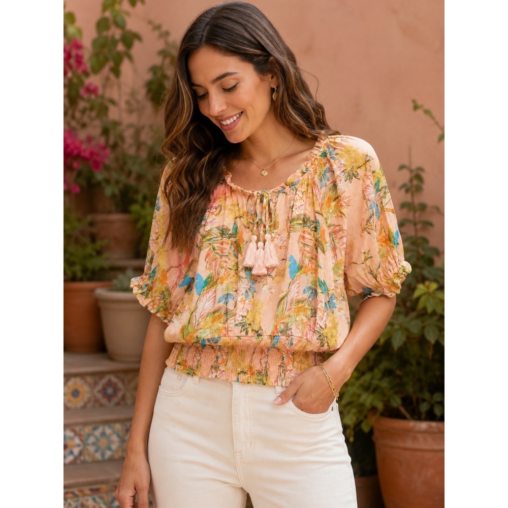 Rose & Olive Womens Small Tropical Floral Peasant Blouse Smocked Waist Rayon Top